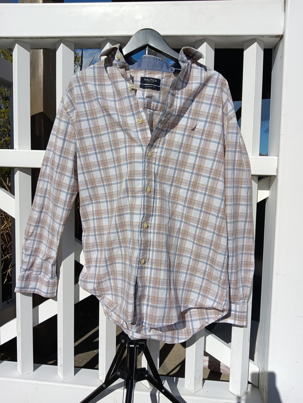 Nautica Men's Button-Down Plaid Shirt - Light Blue & Tan